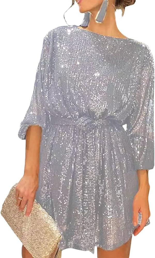 Mincib Women's Sequin Party Dress Sparkly Glitter Long Sleeve Crew Neck Elegant Loose Fit Short D... | Amazon (US)