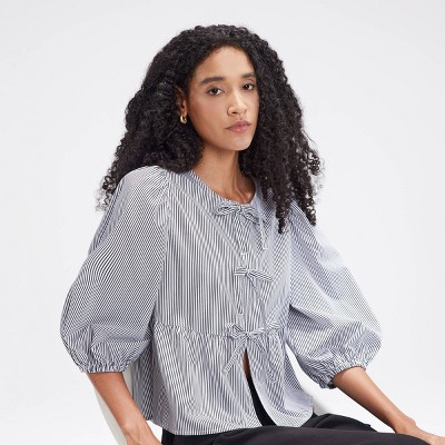 Women's Puff 3/4 Sleeve Tie-Front Blouse - A New Day™ Yellow Striped XS | Target