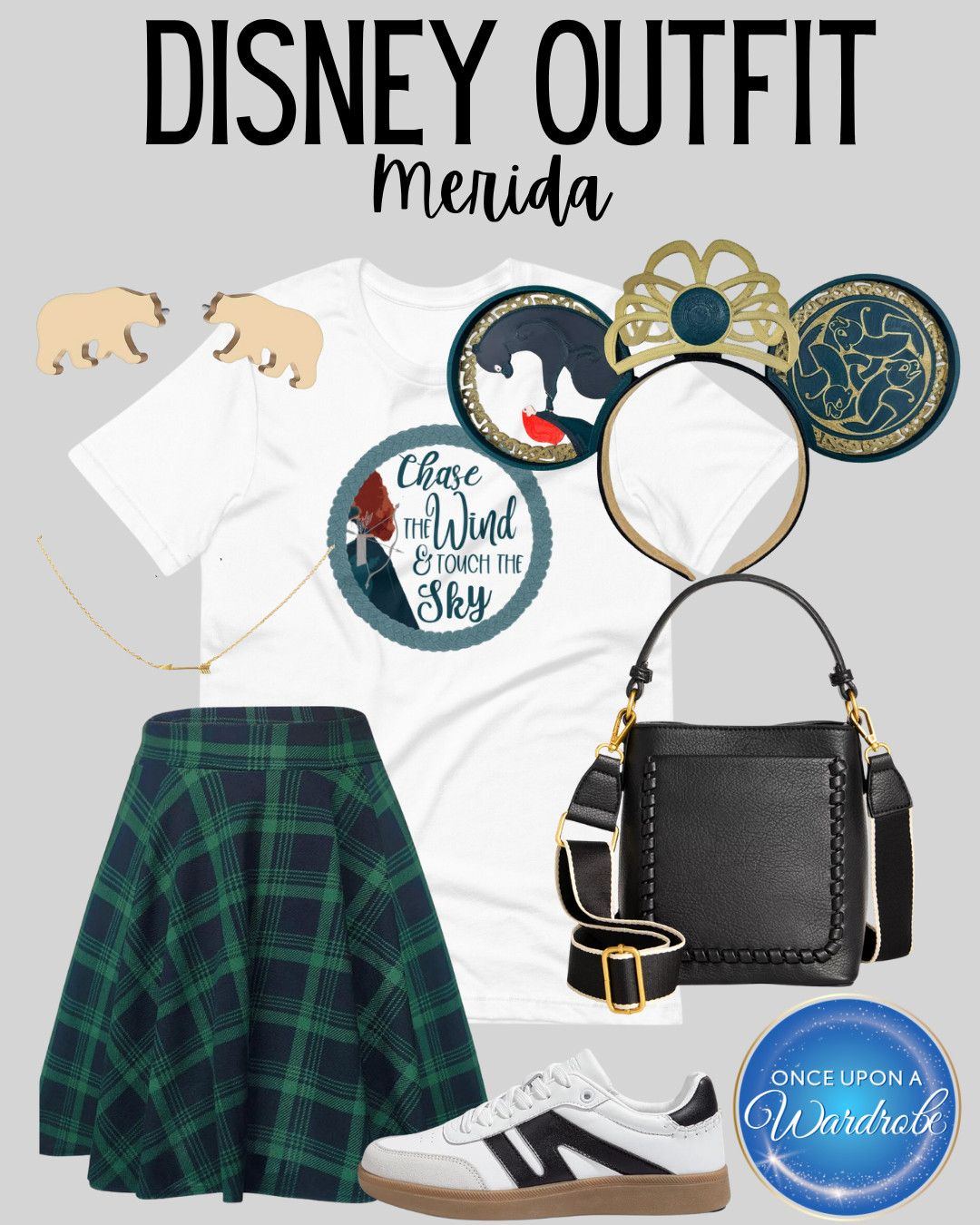 A Merida-inspired Disney outfit for park days, character meals, or a comfy Magic Kingdom look. The plaid skirt, graphic tee, black crossbody, bear earrings, and Merida ears make this one easy to wear without feeling like a full costume. Linking the full look! 

 #LTKootd #LTKmomlife #LTKTravel