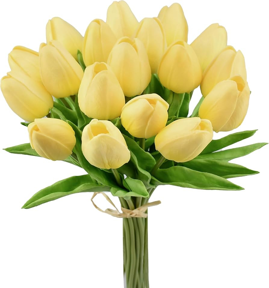 Mandy's Artificial Tulips 20 Stems Light Yellow PU Faux Flowers for Valentine's Day and Easter De... | Amazon (US)