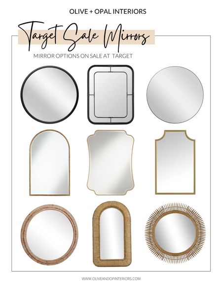 Target has some great mirrors on sale - here are a few of our favorites!
.
.
.
Target
Round Mirror 
Rectangle Mirror 
Arched Mirror
Black Metal
Gold Metal
Rattan
Bamboo 
Cane

#LTKsalealert #LTKhome #LTKbeauty