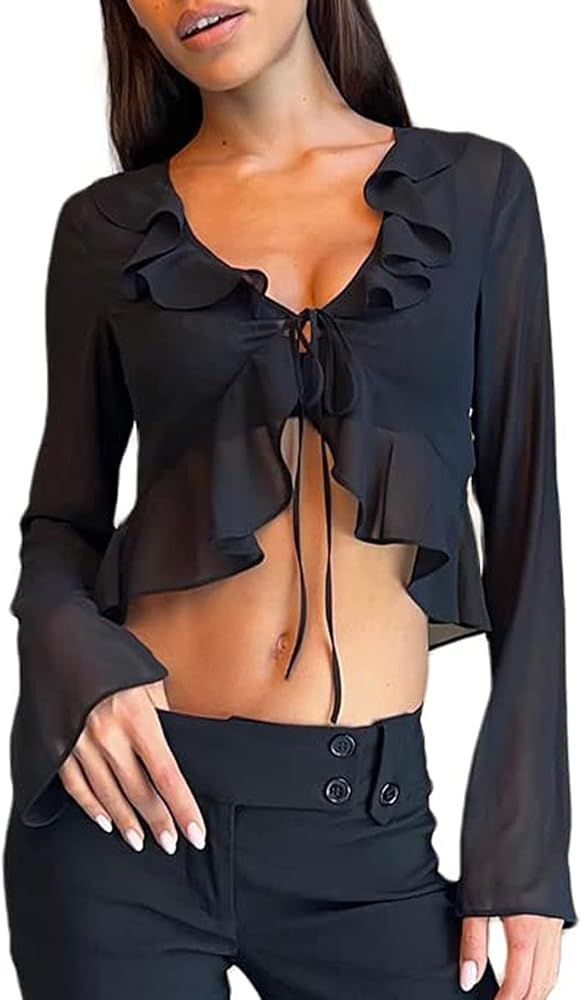 Sofia's Choice Womens Peplum Tie Front Tops Deep V Neck Long Sleeve Ruffle Hem Blouse | Amazon (US)
