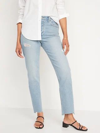 High-Waisted Button-Fly Slouchy Straight Ripped Cut-Off Jeans for Women | Old Navy (CA)