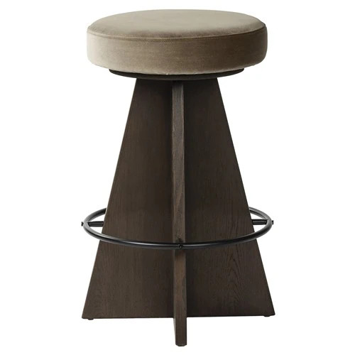 Donovan Mid Century Taupe Velvet Oak Wood Swivel Counter Stool | Kathy Kuo Home