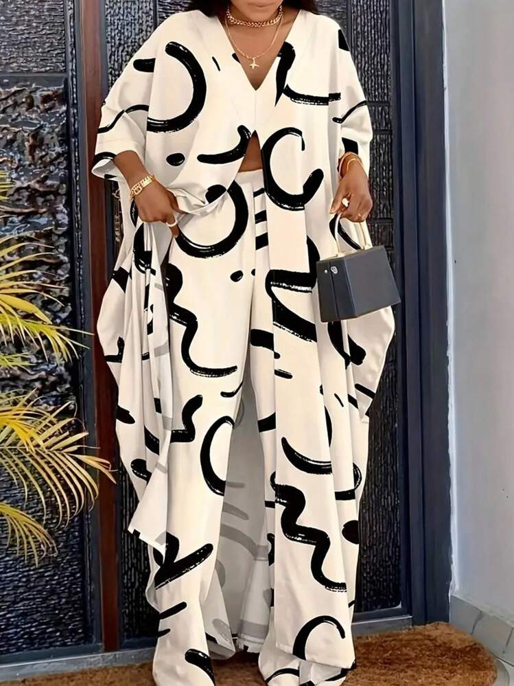 SHEIN Plus Size Women's Spring & Summer Allover Print Batwing Sleeve Long Blouse And Pants 2 Pieces Casual Outfit | SHEIN