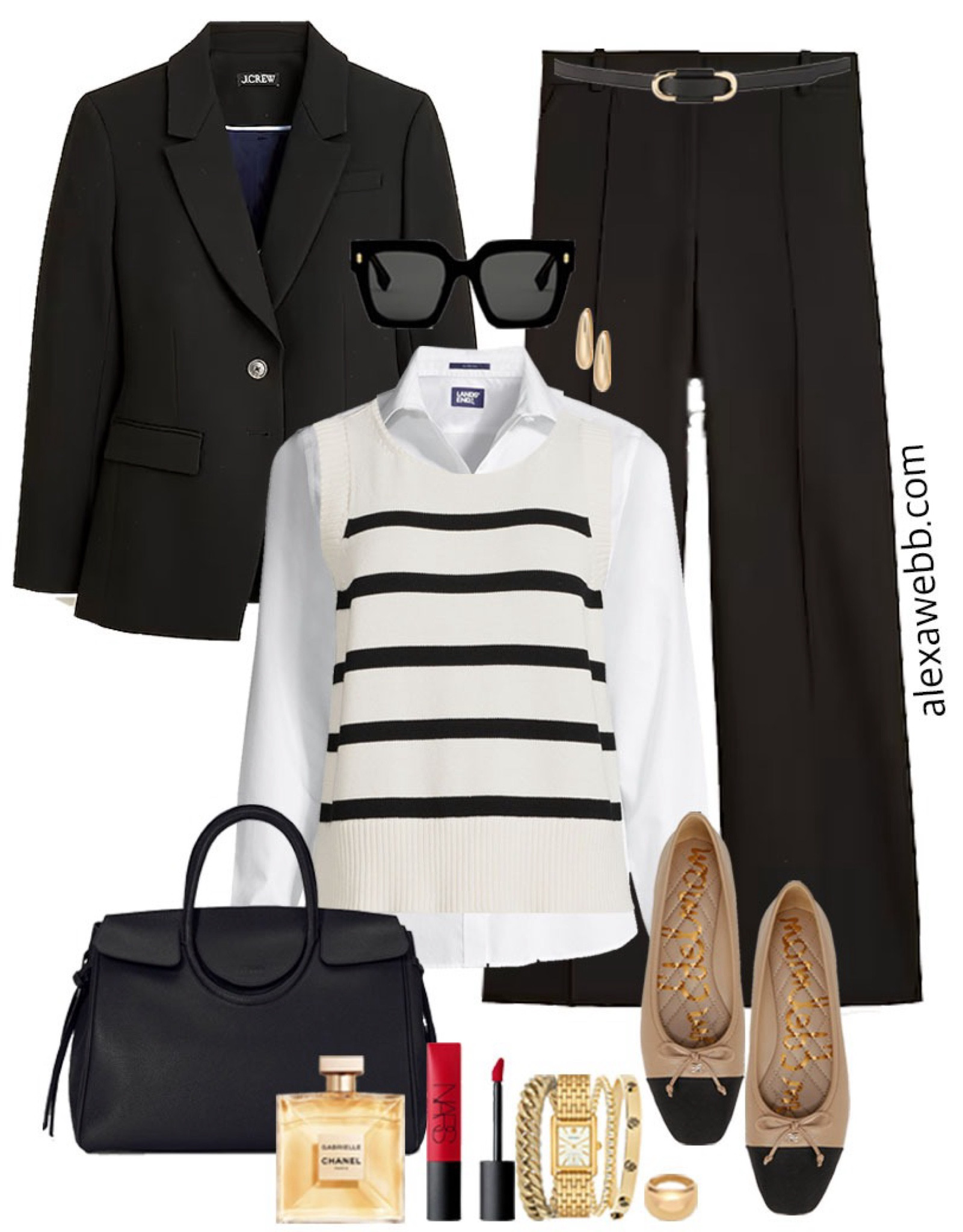 Plus Size Striped Sweater Vest Outfits - A plus size business casual outfit for winter into spring with a striped sweater vest, black blazer, flare pants, and ballet flats. Alexa Webb #plussize

#LTKStyleTip #LTKWorkwear #LTKPlusSize