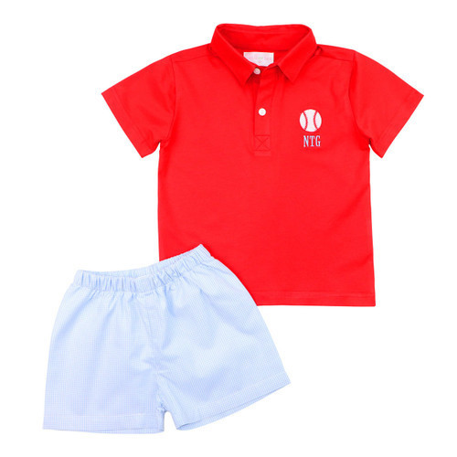 Red And Blue Gingham Baseball Polo Short Set | Cecil and Lou