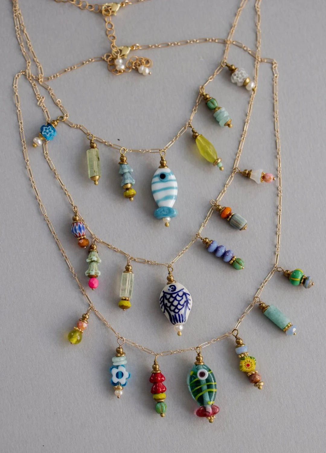 FISH CHARM NECKLACE, Murano Fish Charm, Delicate Charm Necklace, Gemstone Charm Necklace, Charm N... | Etsy (US)