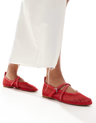 & Other Stories mesh ballerina pumps with cross over studded straps in red | ASOS | ASOS (Global)
