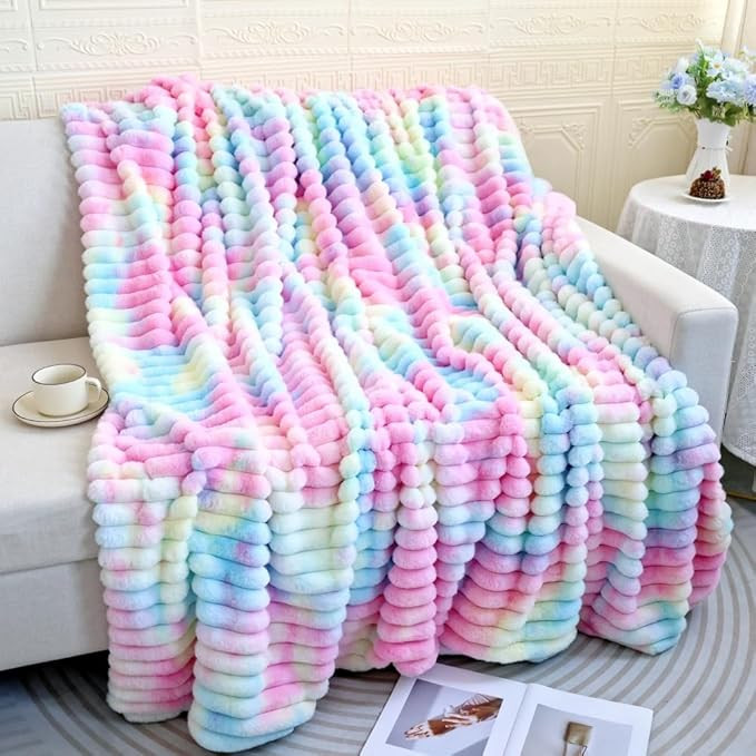 Plush Throw Blanket, Rainbow Tie-Dye Pattern, Super Soft Faux Fur, Pastel Pink Blue Purple, Decor... | Amazon (US)