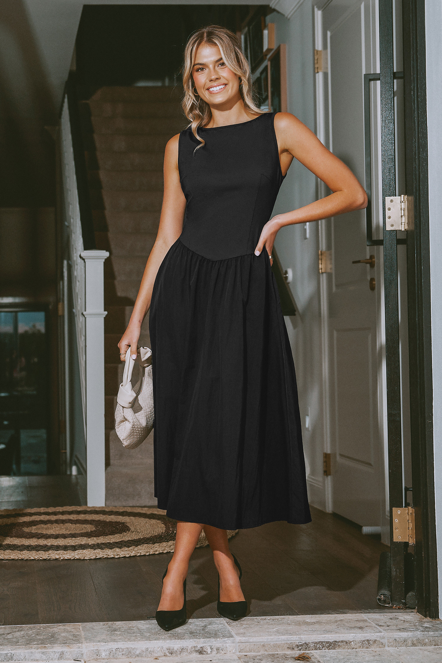 NewBlack Boatneck Sleeveless Drop Waist Midi Dress | Cupshe US