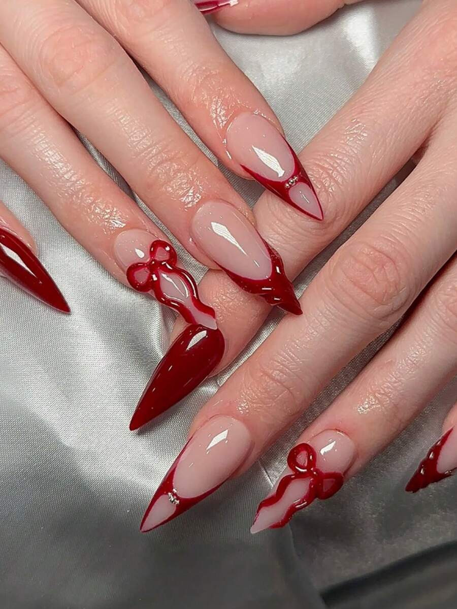 24pcs Long Stiletto Press On Nails Red French Tips Nails With 3D Bowknot Red 3D Line Art Design E... | SHEIN