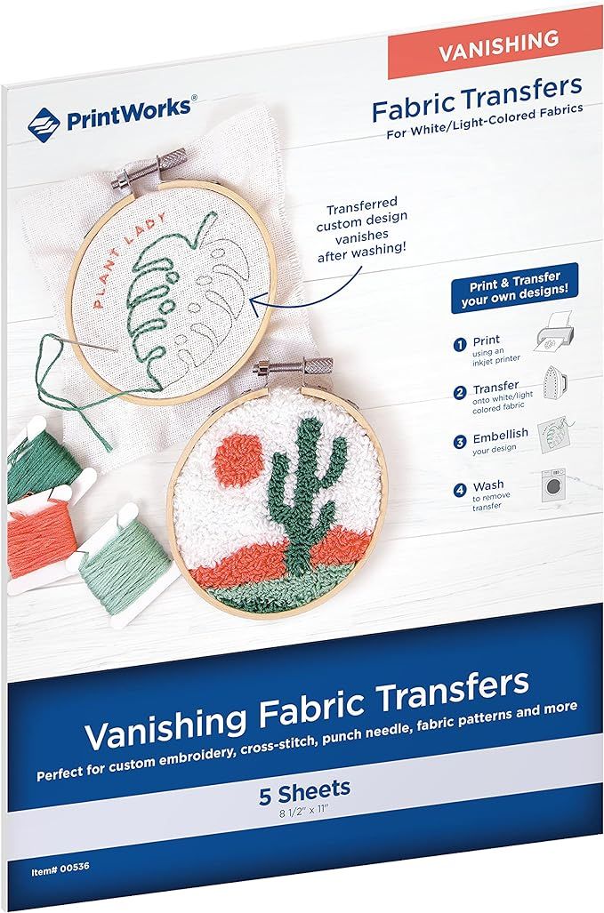 Print Works Vanishing Embroidery Transfers, for White/Light-Colored Fabrics, 5 Sheets, Inkjet, 8.... | Amazon (US)