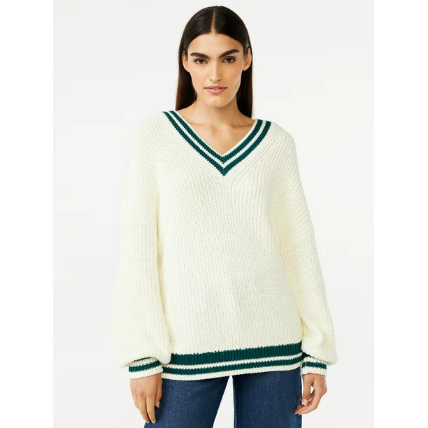 Free Assembly Women's Wide V-Neck Sweater with Long Sleeves - Walmart.com | Walmart (US)