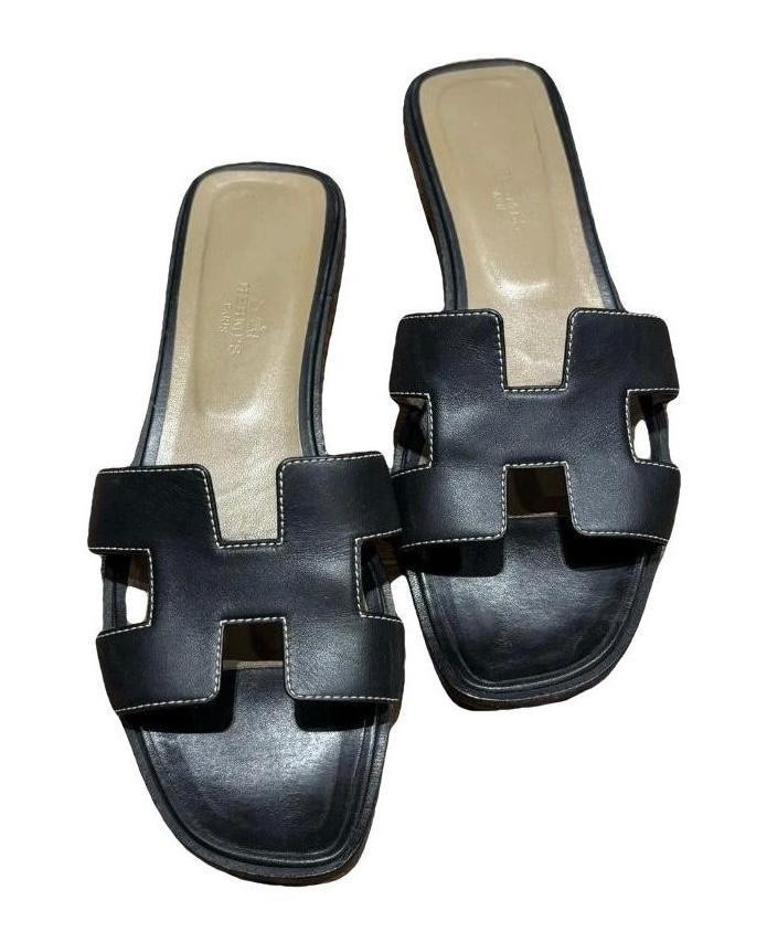 Hermes Black Leather Oran Sandals | Italist.com US