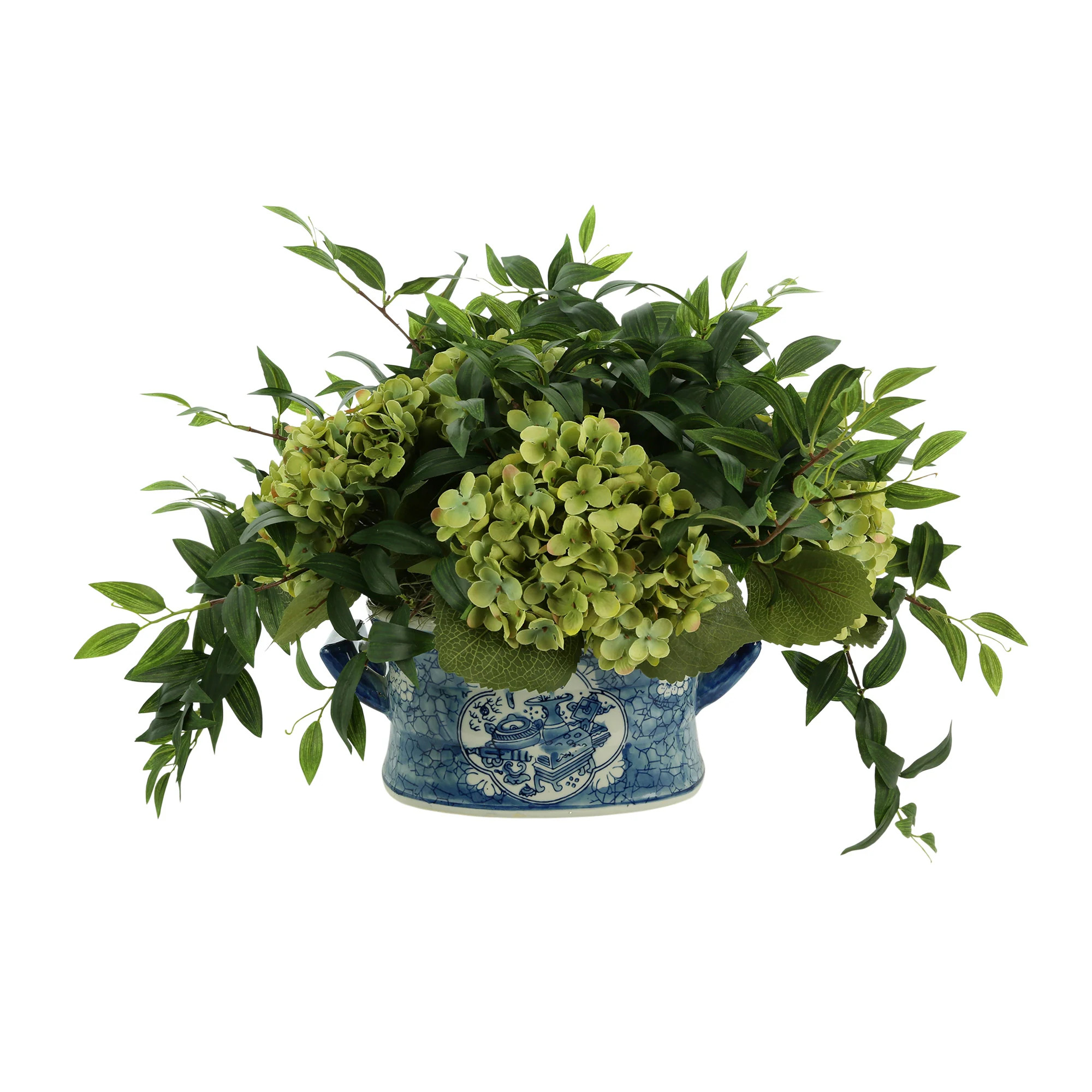 Hydrangea and Ruscus Arrangement in Ceramic Pot - Green, Blue, White | Overstock