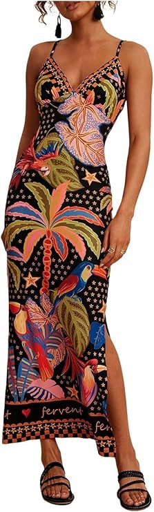 Women's Tropical Print Cami Dress Sleeveless V Neck Summer Vacation Maxi Going Out Dresses | Amazon (US)