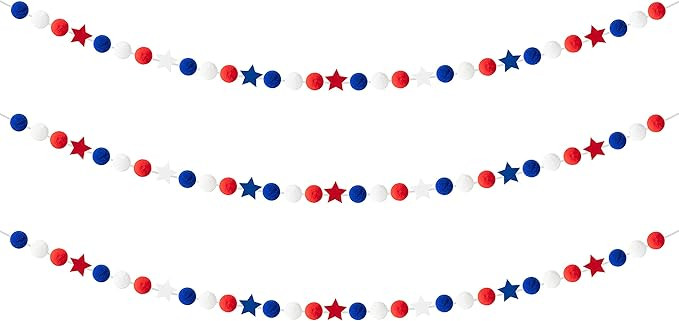 WATINC 3pcs Independence Day Felt Pompoms Garland with Star Felt Ornament, Red Blue White Themed ... | Amazon (US)