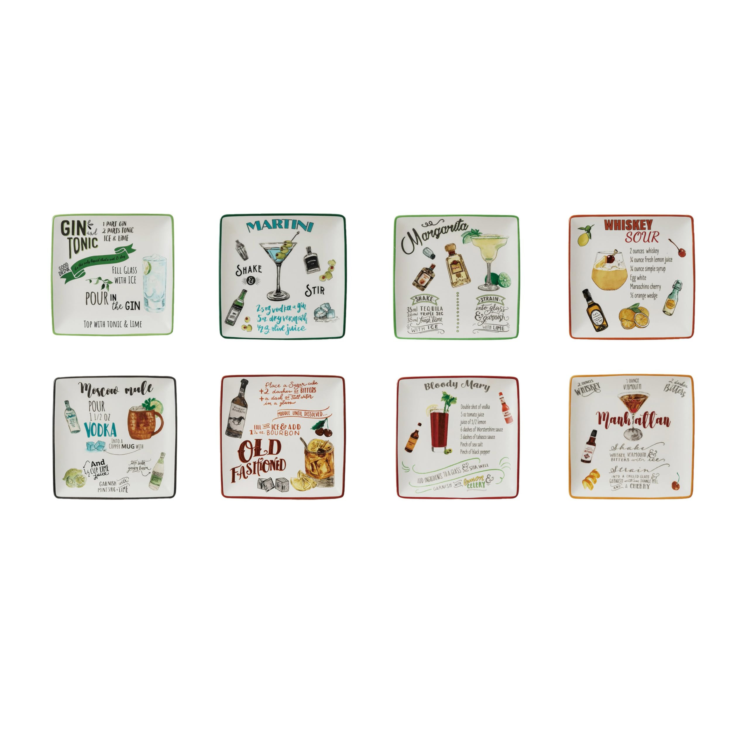 Amazon.com: Creative Co-Op Stoneware Plate Set with Cocktail Recipes Design Styles, Multicolor, S... | Amazon (US)