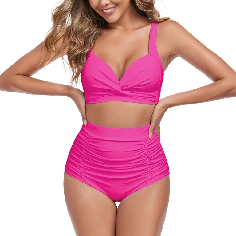 RELLECIGA Women's Tummy Control Swimsuit Bikini Set V Neck Two Piece Bathing Suits Swimwear | Walmart (US)