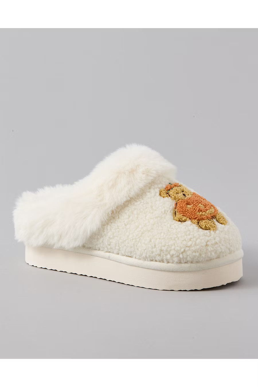 AE Pumpkin Teddy Bear Scuff Slipper Women's Ivory 9 | American Eagle Outfitters (US & CA)