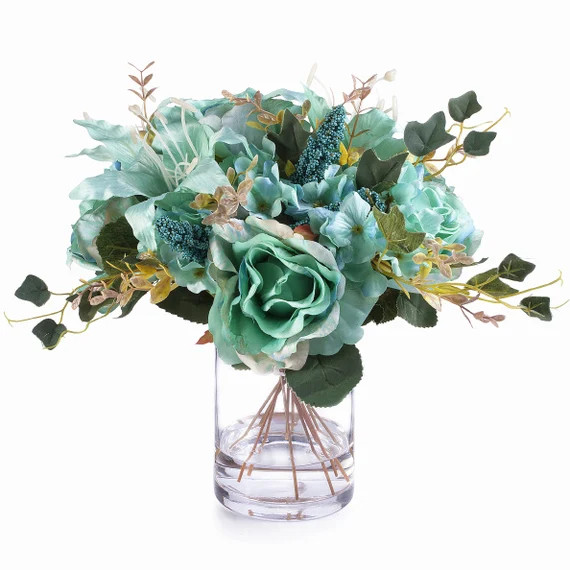 Enova Home Mixed Rose Lily and Hydrangea Silk Flower Arrangement in Clear Glass Vase with Faux Wa... | Etsy (US)