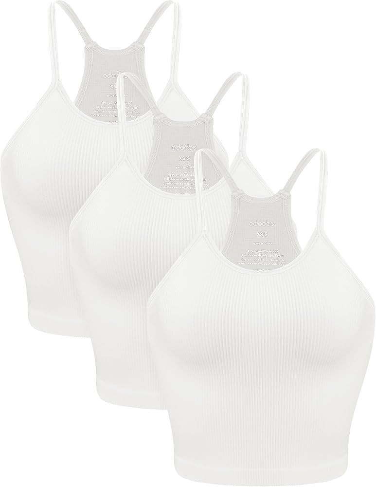 ODODOS Women's Crop 3-Pack Seamless Rib-Knit Camisole Crop Tank Tops | Amazon (US)