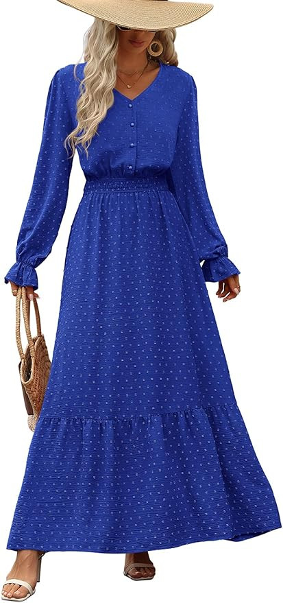 PRETTYGARDEN Women's Fall Maxi Dress 2024 V Neck Button Long Sleeve Swiss Dot High Waist Tiered S... | Amazon (US)