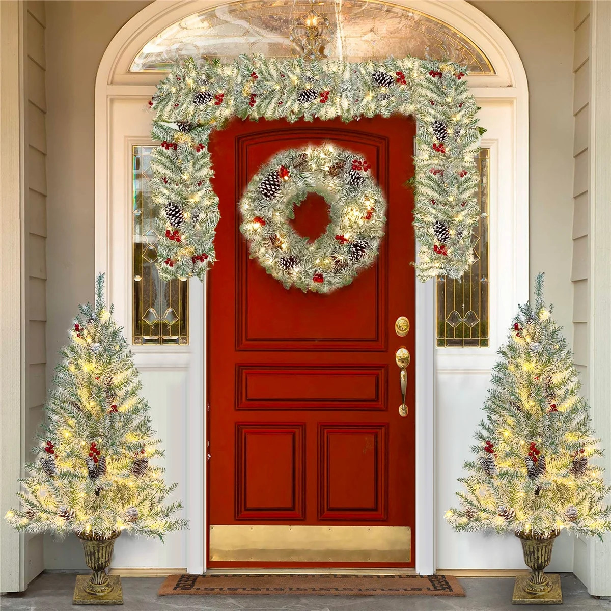Christmas Decorations 4-Piece Set, Pre-Lit Artificial Entrance Trees Set of 2, Wreath and Garland... | Walmart (US)