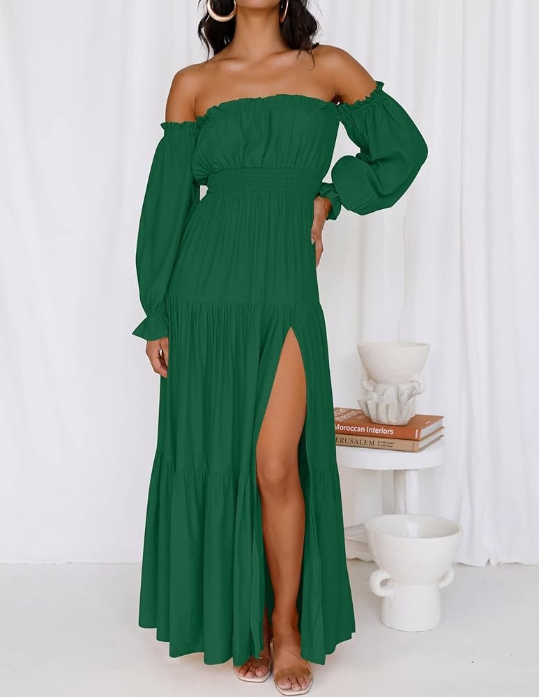 ZESICA Women's 2023 Boho Sexy Off Shoulder Long Sleeve Smocked High Waist Side Split Flowy A Line Ti | Amazon (US)