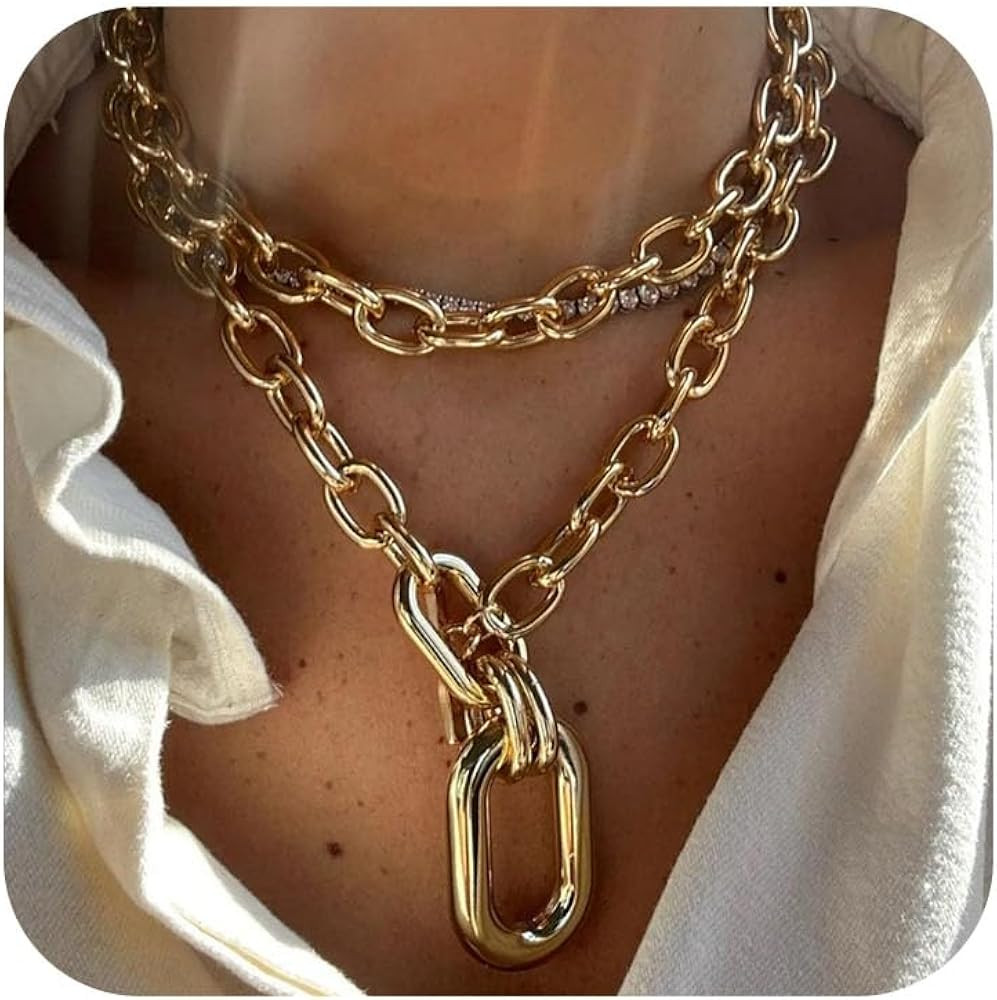 Chunky Gold Necklaces Statement Choker Necklace Paperclip Chain Layered Necklace Chain Punk Thick... | Amazon (US)