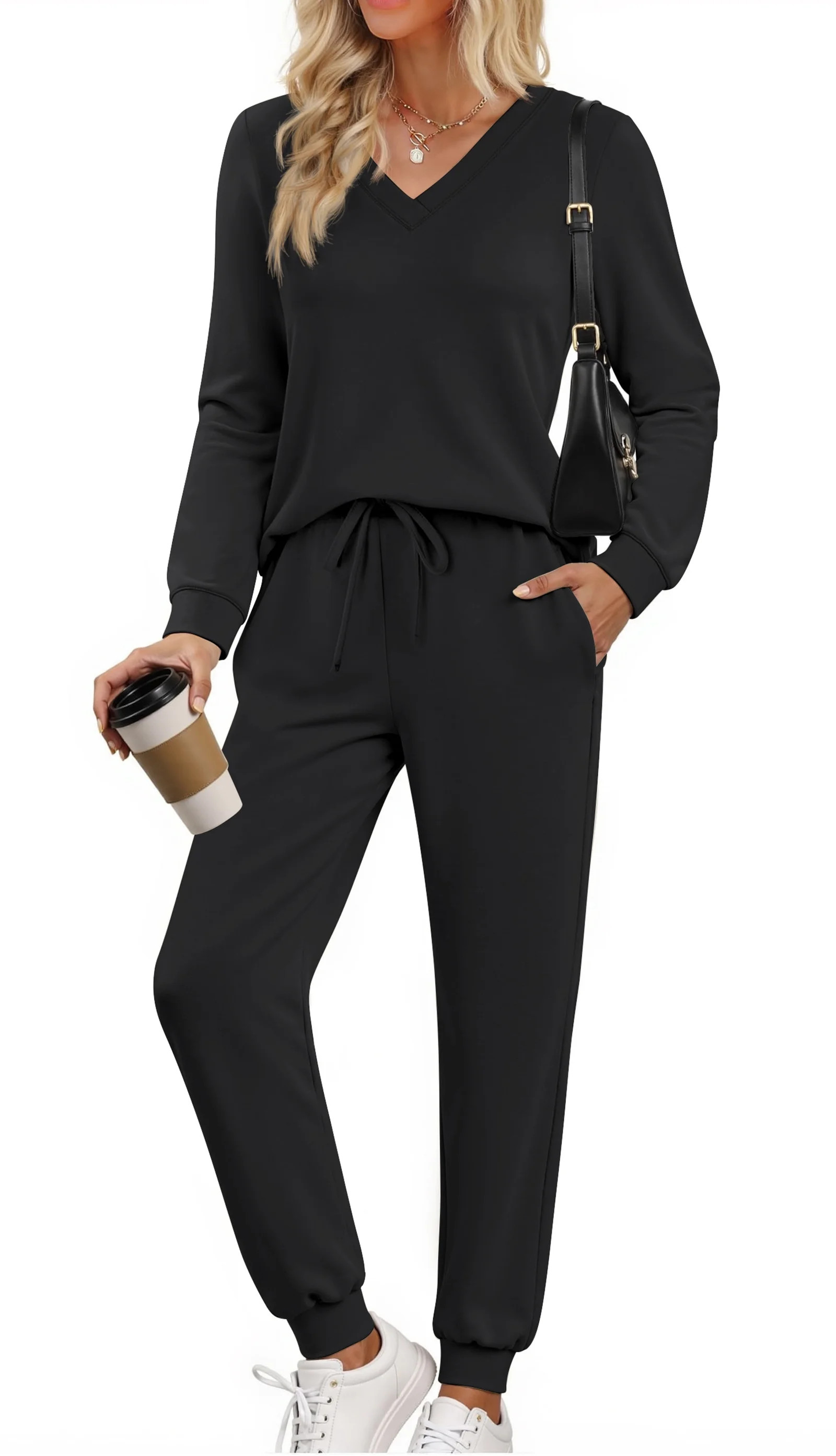 Fantaslook Two Piece Sets for Women Fall Outfits Fashion Lounge Sets V Neck Tops Long Pants Track... | Walmart (US)