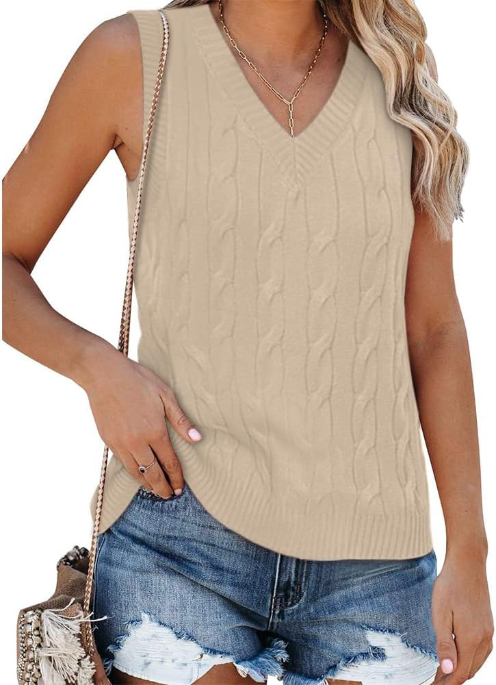 Fisoew Women's Sleeveless V-Neck Vintage Sweater Knitted Vest Casual Preppy Style | Amazon (CA)