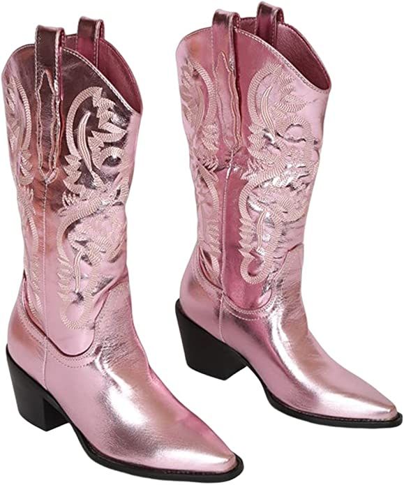 MissHeel Mid Calf Cowgirl Boots Embroidered Block Chunky Heel in Pink Silver | Amazon (US)