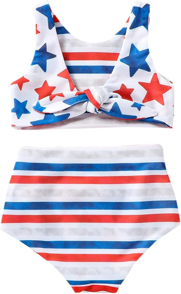 Toddler Girls 4th of July Swimsuit American Flag Reversible Bathing Suit Patriotic Crop Top High ... | Amazon (US)