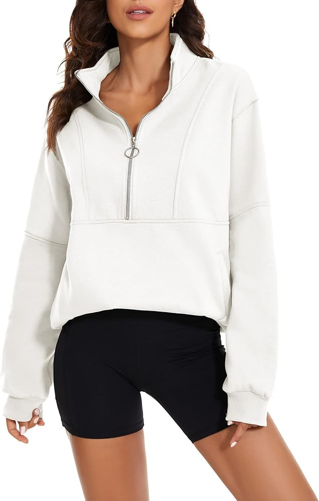 Women’s Oversized Half Zip Sweatshirt Quarter 1/4 Zipper Long Sleeve Drop Shoulder Pocket Pullo... | Amazon (US)