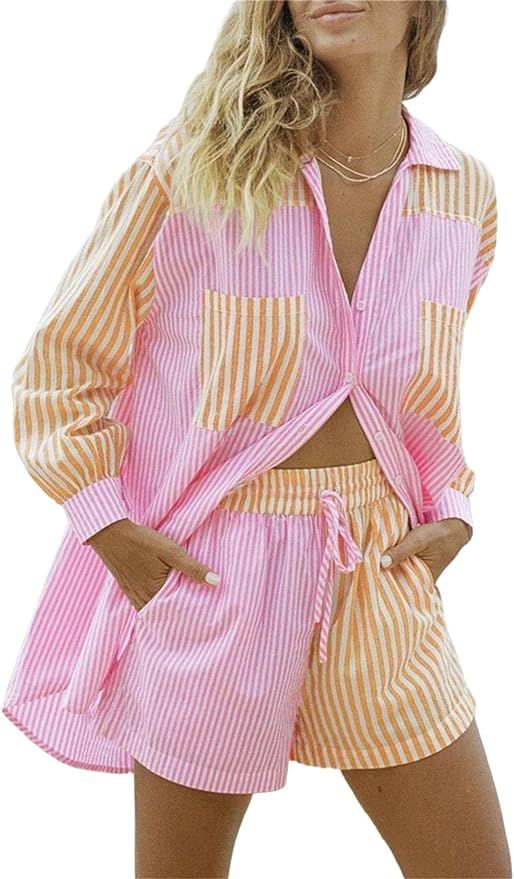 KYLASIEN Women Casual 2 Piece Tracksuit Sets Oversized Long Sleeve Stripe Patching Shirts Loose M... | Amazon (US)