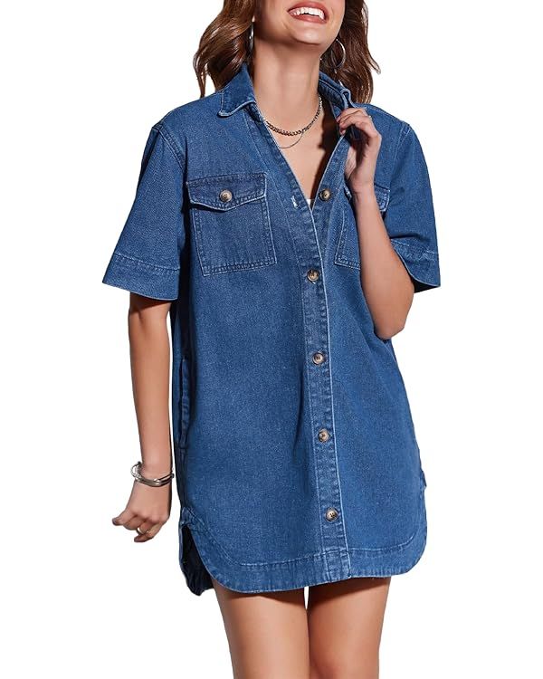 Fisoew Womens Button Down Denim Shirt Dress Loose V Neck Half Sleeve Casual Summer Jean Mini Dres... | Amazon (US)