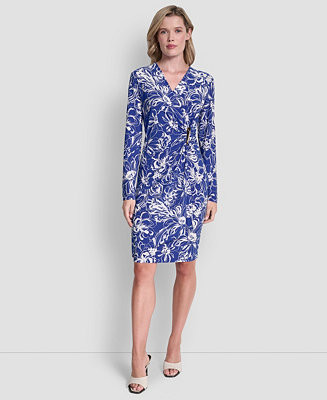 Women's Long-Sleeve V-Neck Faux-Wrap Dress | Macy's