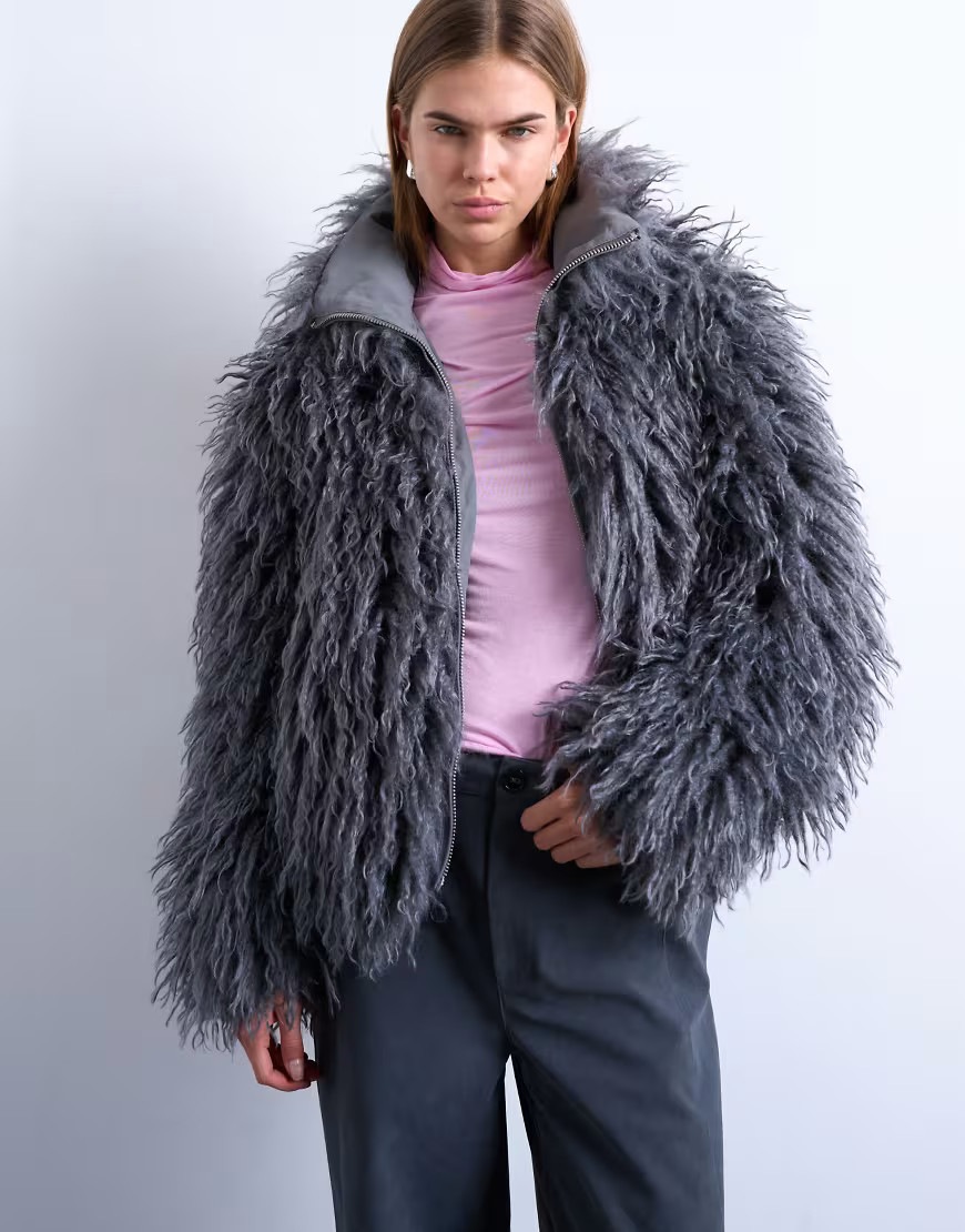 Topshop zip through mongolian faux fur funnel neck bomber in grey | ASOS (Global)