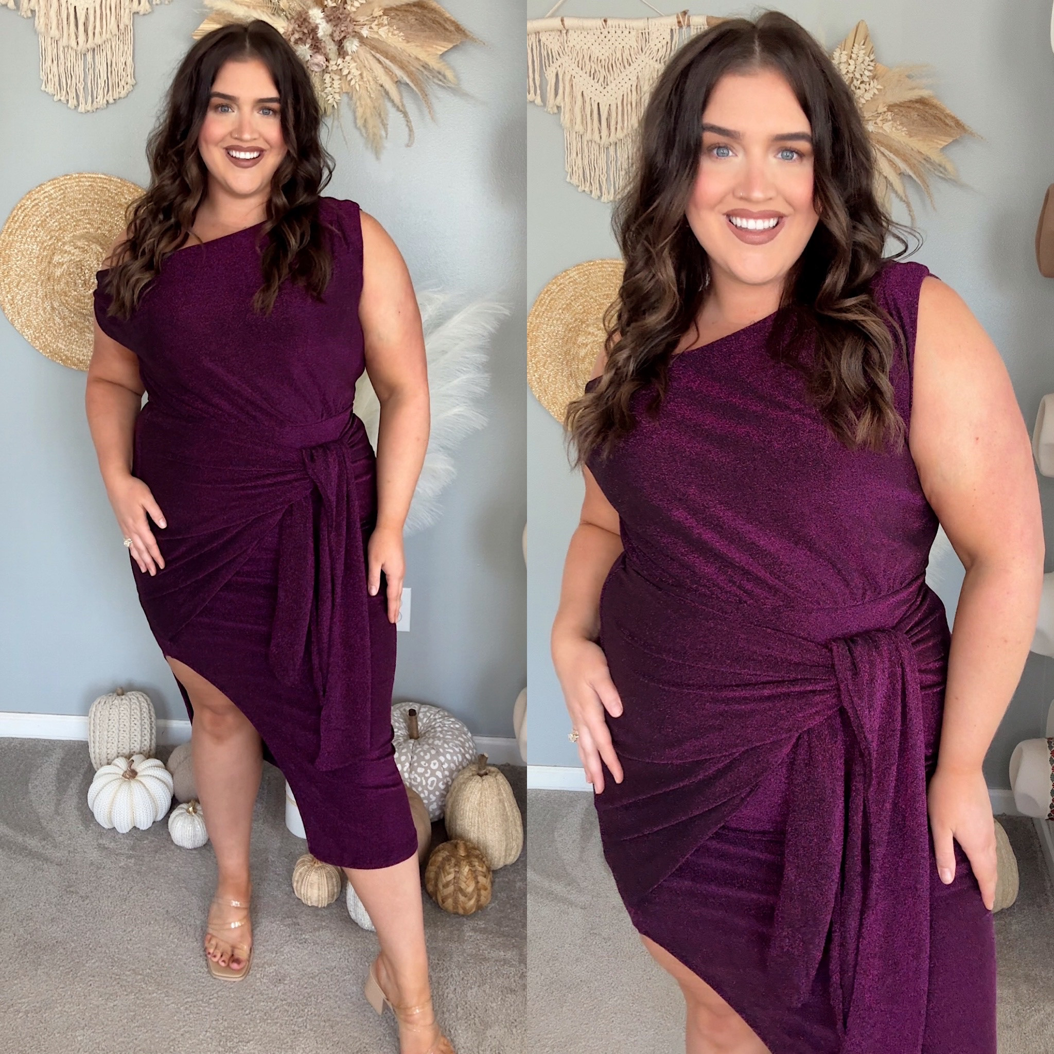 Gorgeous special occasion dress. Purple glitter ✨ Asymmetrical neckline + waist tie. Very stretchy fabric! Wearing a size XL and comes in more colors.  

#LTKParties #LTKPlusSize #LTKHoliday