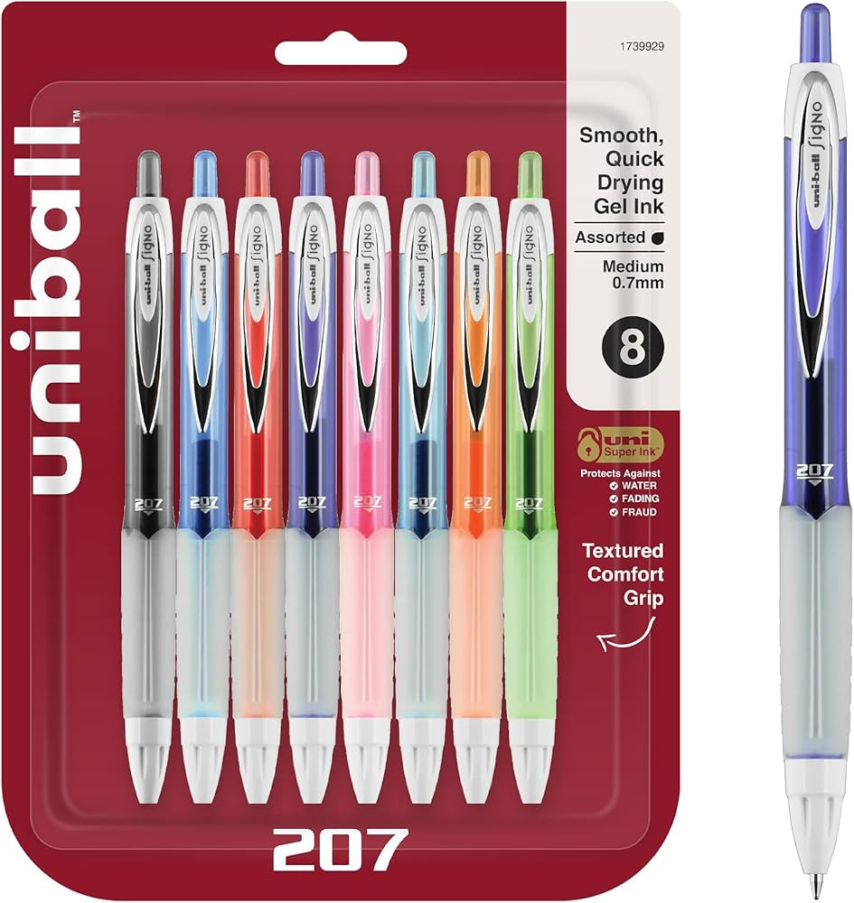uniball 207 Fashion Retractable Gel Pens, Medium Point (0.7mm), Assorted, 8 Pack | Amazon (US)