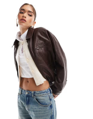 ASOS DESIGN leather look top collar jacket in burgundy | ASOS (Global)