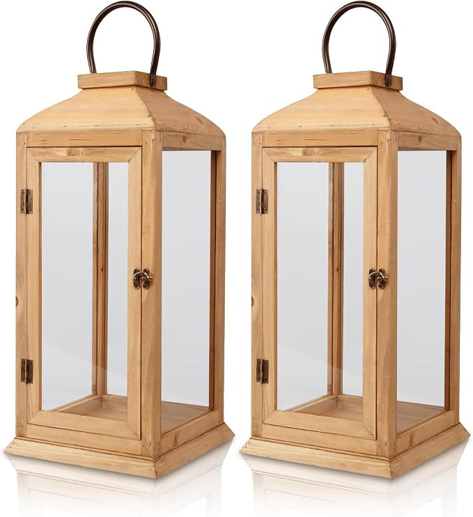 2 Pack Extra Large Lanterns Decorative - 27.5in Rustic Wood Lantern with Metal Handle, Decorative... | Amazon (US)