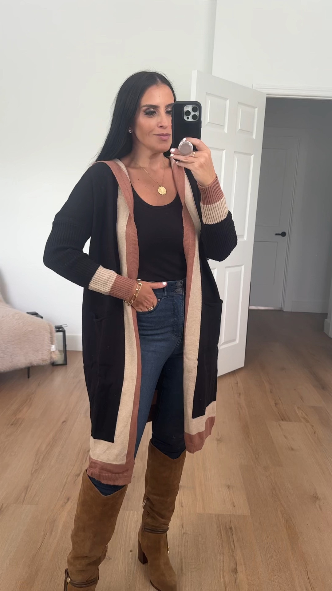 Women's Color Block Vertical Striped cardigan wearing size small.