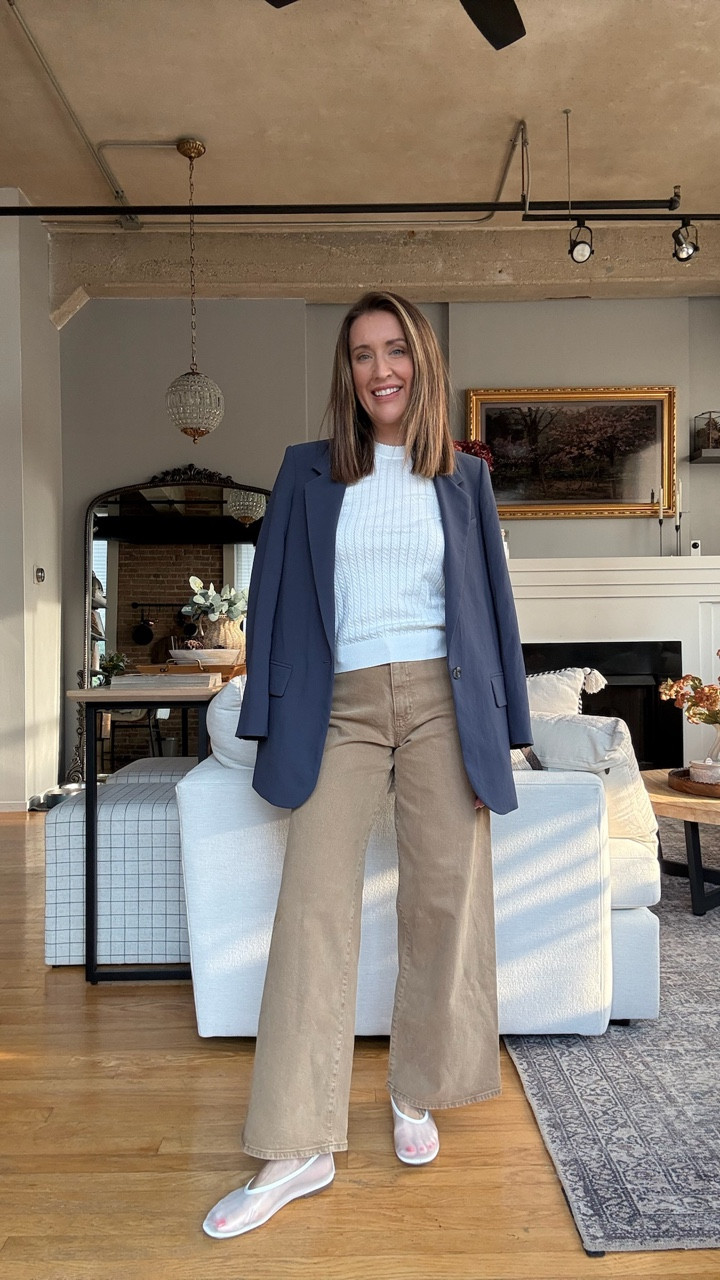 Walmart workwear fall fashion. White sweater vest tank top, tan sailor pants, white mesh ballet flat. Navy oversized blazer. Preppy outfits. Office fashion. Teacher outfits. 

#LTKFindsUnder50 #LTKWorkwear #LTKOver40
