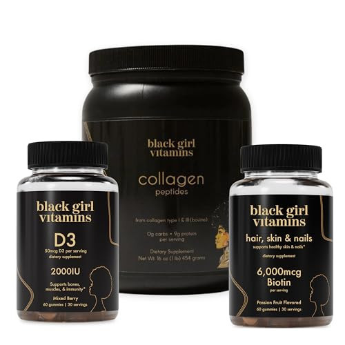Black Girl Vitamins Beauty Bundle – Hydrolyzed Collagen Peptides (16 oz), Hair Skin & Nails Biotin Gummies (6000mcg) + Vitamin D3 Gummies – Women’s Wellness Supplement Bundle for Hair Growth, Skin | Amazon (US)