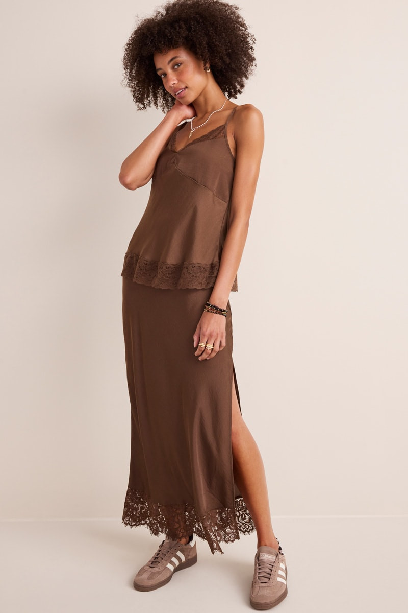 Jill Lace Hem Satin Midi Skirt | Francesca's