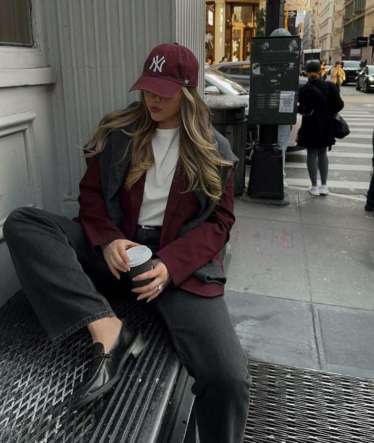 Burgundy blazer
Burgundy cap
White t shirt
Grey jeans
Black loafers 
Grey sweater 

#LTKStyleTip #LTKCyberWeek #LTKTravel
