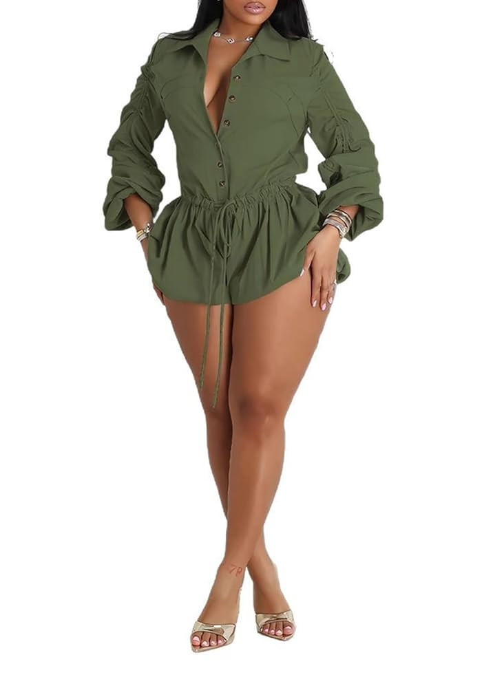 Famnbro Womens Summer Rompers Long Sleeve V Neck Drawstring Bubble Short Cute Jumpsuit One Piece ... | Amazon (US)